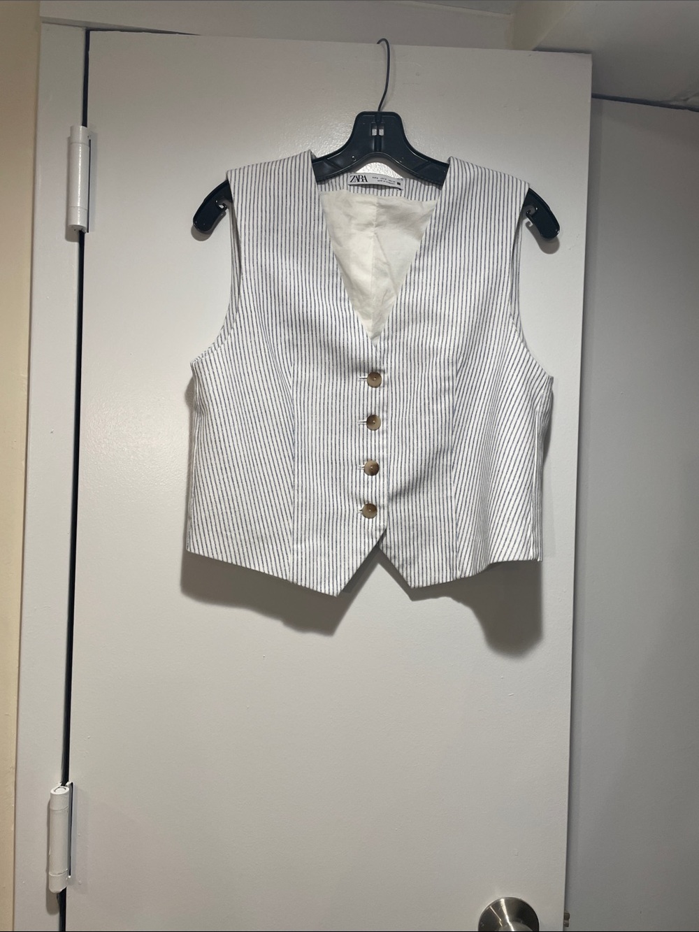 Zara White and Navy Pinstripe Button Vest